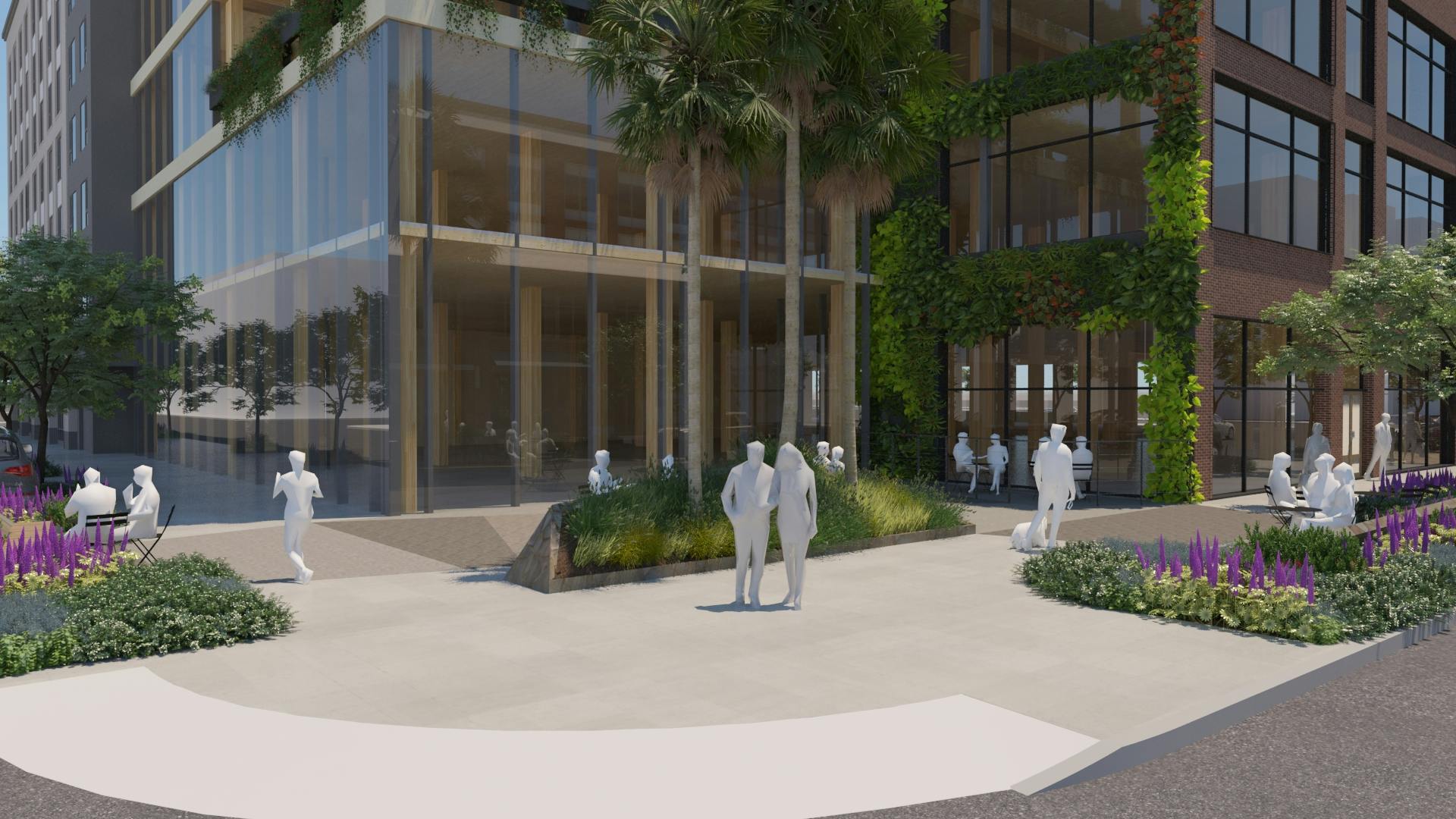 render of people standing outside entrance of 4th and B (Bespoke) building