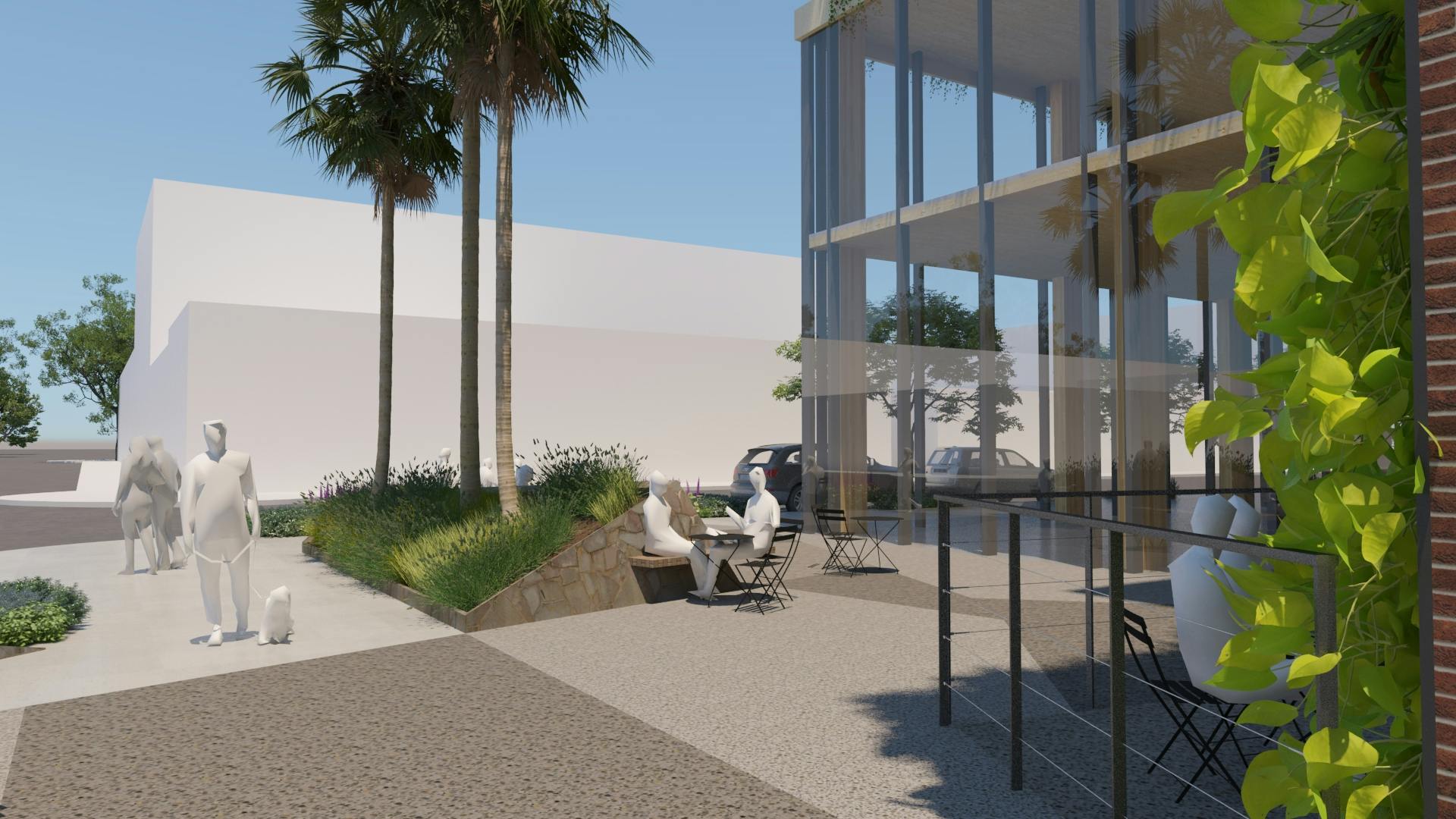 render of people sitting at a coffee table and walking pets near 4th and B (Bespoke) building